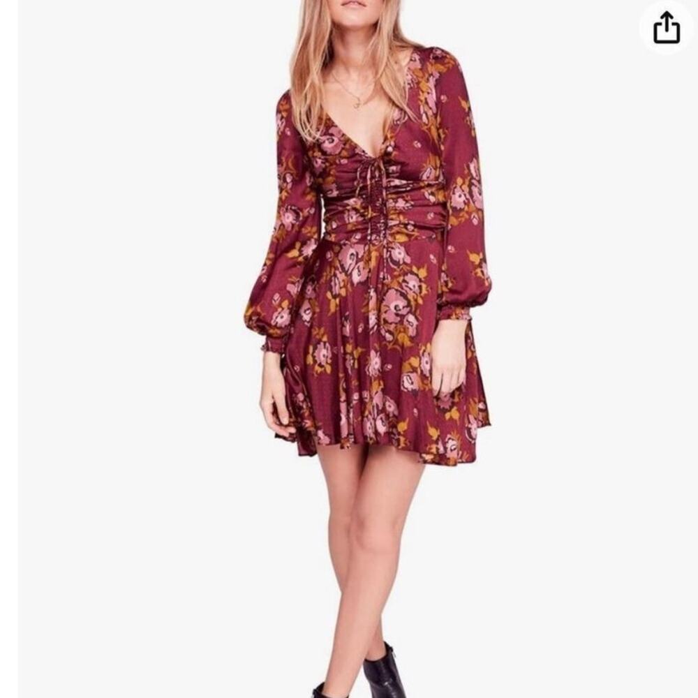 NWT Free People Floral Long Sleeve Fit and Flare Mini Dress Purple Size 10